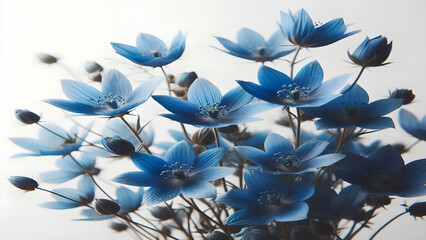 A close up of blue flowers on a white background