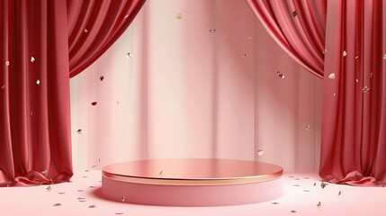 Pink Podium With Red Curtains and Golden Confetti