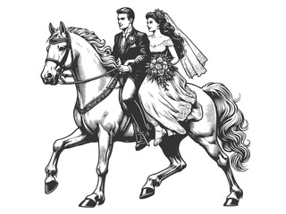 bride and groom in traditional wedding attire riding a horse romantic moment sketch engraving generative ai fictional character vector illustration. Scratch board imitation. Black and white image.