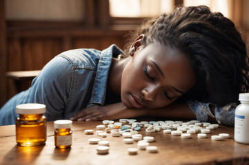 Young African woman unconscious after taking medicine overdose, with antidepressant pills spread on table. Mental health problems, suicide attempt or drug addiction due to depression or anxiety