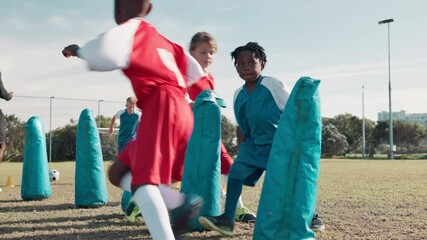 Children, soccer and coach on field, dribble and running with speed, control and balance for development. Mentor, man and kids in football team with support, guide and diversity with fitness on grass