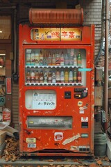 Worn Red Vending Machine in Japan With Autumn Leaves