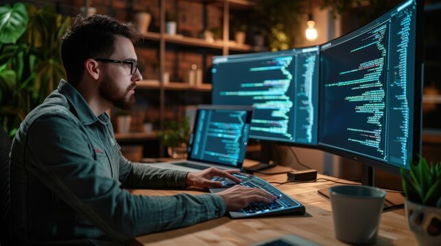 A software developer works on code late into the night, illuminated by the glow of multiple computer screens in a modern office. AIG41
