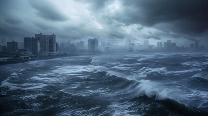 Destructive Tropical Cyclone Looming Over Coastal City - Impending Storm with Massive Waves and Dark Skies