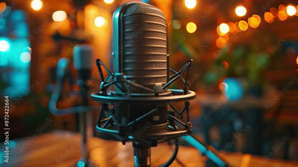 Poster This microphone in a studio setting with warm lighting. Podcast and streaming concept