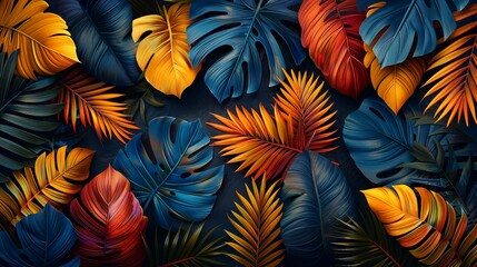 An artistic interpretation of tropical leaves with bold, vibrant colors, forming a dynamic and eye-catching background texture for exotic and adventurous designs. , Minimalism,