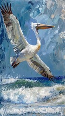 Pelican Flying Over Stormy Sea Waves