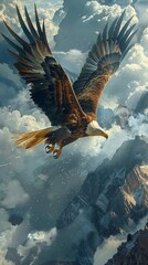 Obraz premium Majestic Eagle Soaring Above Misty Mountains