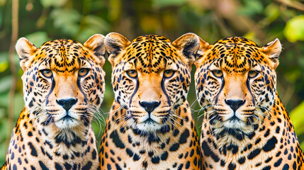 Three identical spotted big cat predators possibly cheetahs leopards or jaguars staring intensely with alert and focused expressions in a natural environment