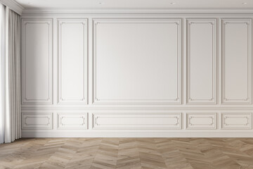 Empty classic white interior with blank wall with moldings and chevron wood floor. 3d render illustration mockup.