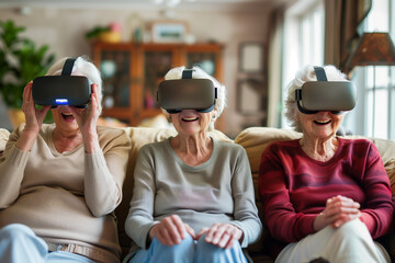 Photography of elder people enjoying the technology with glasses of virtual reality