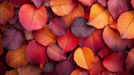 Fototapeta premium Detailed macro shot of autumn leaves in warm hues of red, orange, and yellow, forming a rich and vibrant background texture for seasonal and nature-inspired illustrations. , Minimalism,