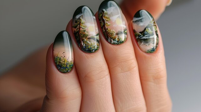 A hand with a manicured nail that has a green background with trees, nail service concept
