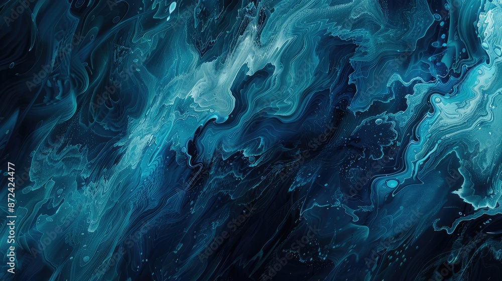 Poster swirling abstract patterns in shades of blues and greens, creating a dynamic and fluid artistic expr