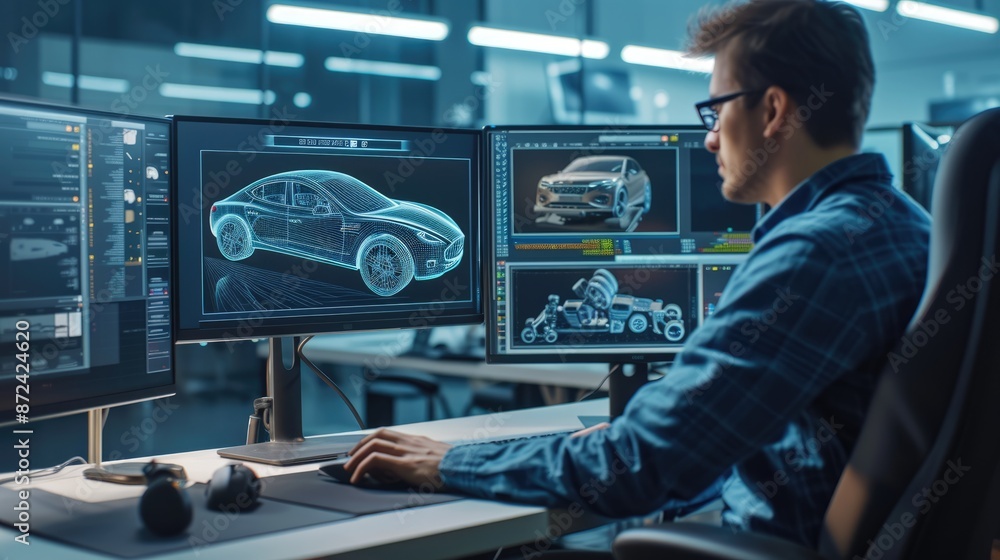 Poster a man sits at a desk with two computer monitors, using a personal computer and peripherals for engin