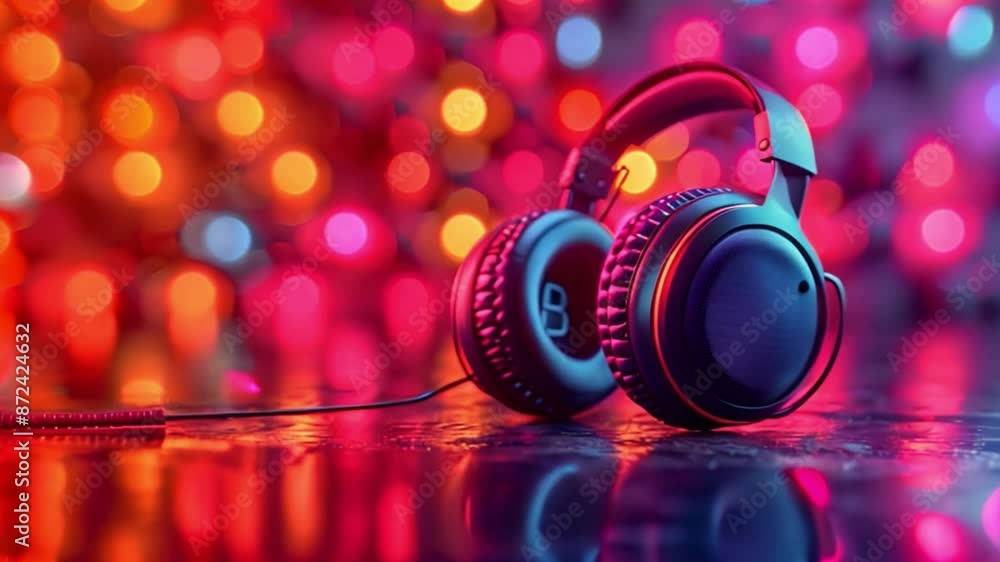 Poster this headphones on a reflective surface with a blurred background of colorful bokeh lights.