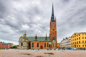The imposing facade and spire of the Riddarholmen Church, the church of the former medieval...