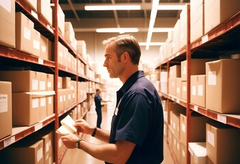 Fototapeta premium Warehouse worker in blue uniform inspecting boxes on shelves, efficient and organized, logistics management, industrial environment, focused and diligent, professional work environment