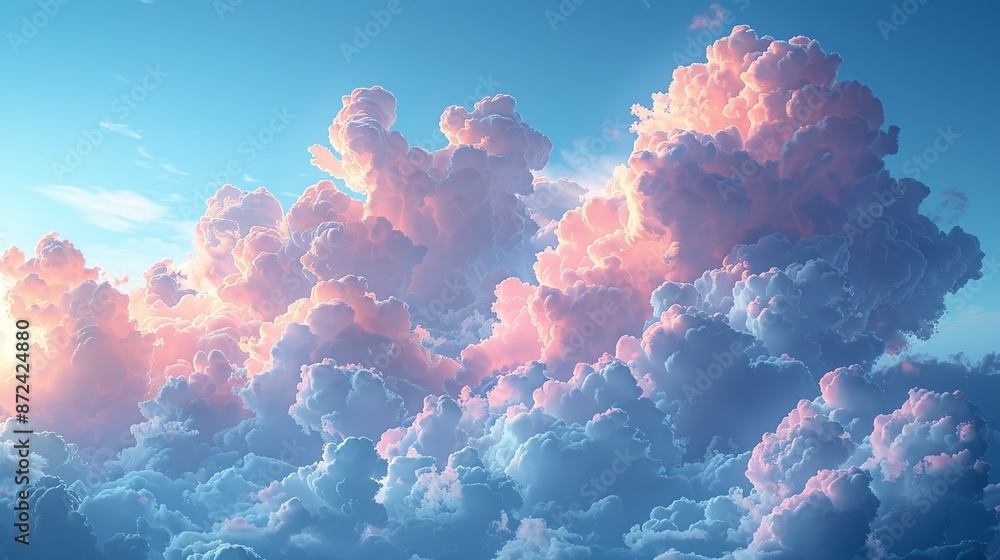Poster soft pastel-colored clouds drifting in a serene blue sky, creating a tranquil and calming background