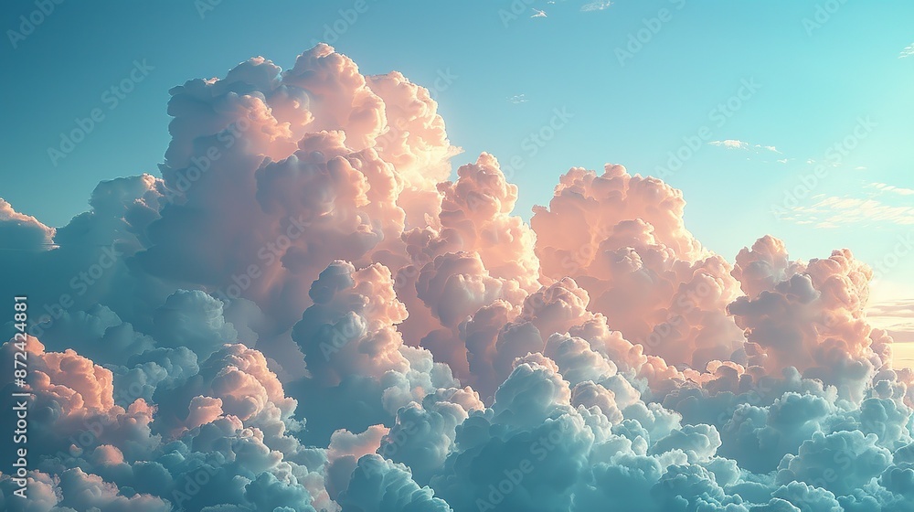 Sticker soft pastel-colored clouds drifting in a serene blue sky, creating a tranquil and calming background