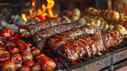Traditional Argentine barbecue with noble meats, ribs, chorizo ​​and black pudding on the barbecue