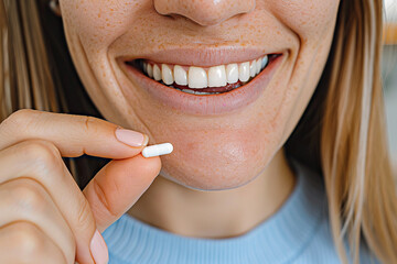 Naklejka premium A woman smiles as she holds a white pill capsule in her fingers, ready to swallow it.