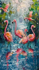 Vibrant Textured Painting of Flamingos in Water