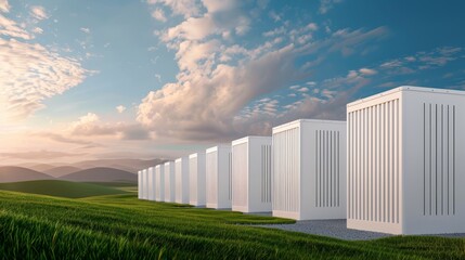 Obraz premium Modern battery storage facility under a glowing blue sky, white clouds drifting, futuristic and clean energy theme, detailed and serene