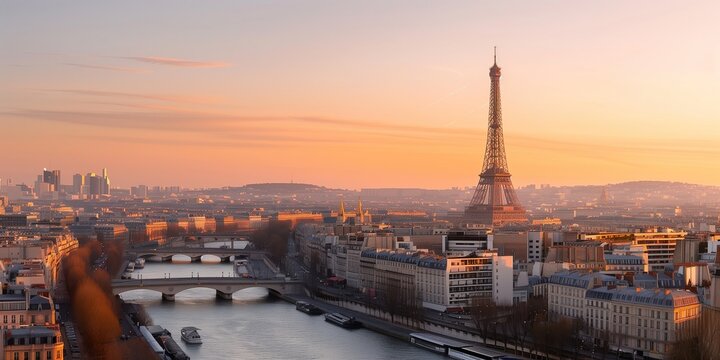 Stunning panoramic view of Paris at sunrise, Eiffel Tower and Seine River in vibrant colors