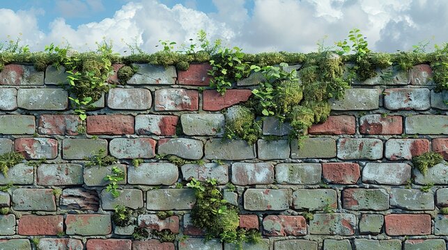 Weathered brick wall texture with moss and lichen growth, adding a touch of nature reclaiming urban spaces to background illustrations of cityscapes or abandoned areas. , Minimalism,