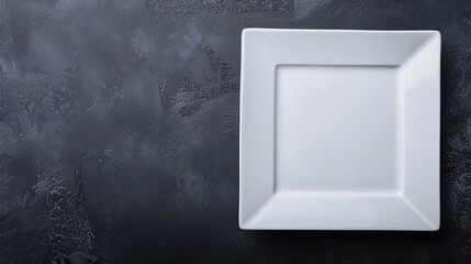 White square plates with minimalist design, elegantly decorated, dark backdrop, stylish and refined, modern and sophisticated