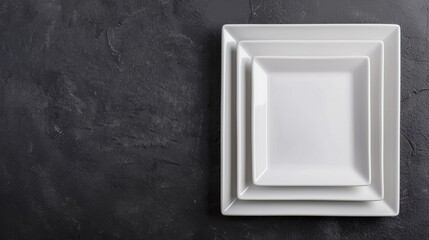 White square plates with elegant adornments, minimalist style, dark background, clean and sophisticated aesthetics, refined and classy
