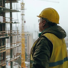 business, building, paperwork and people concept - happy builder in hardhat with clipboard and pencil over group of builders at construction site. Generative AI