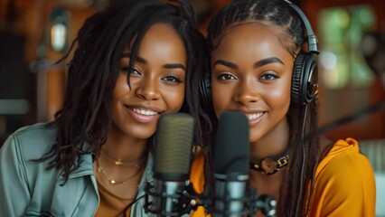 This Two women smiling into microphones in a studio. Podcast and streaming concept