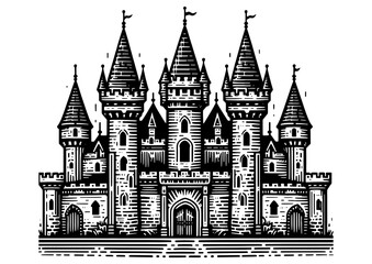 Fototapeta premium grand medieval castle with multiple towers and flags, showcasing historical architecture sketch engraving generative ai PNG illustration. Scratch board imitation. Black and white image.