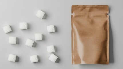 Mockup of blank brown sachet stick pack with scattered white sugar cubes, detailed and clean design, realistic presentation, minimalistic style