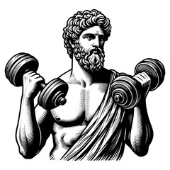 ancient Greek statue lifting heavy dumbbells, modern fitness themes sketch engraving generative ai fictional character PNG illustration. Scratch board imitation. Black and white image.