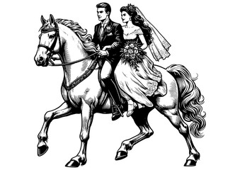bride and groom in traditional wedding attire riding a horse romantic moment sketch engraving generative ai fictional character PNG illustration. Scratch board imitation. Black and white image.