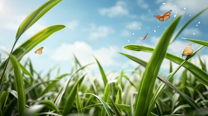 Obraz premium Packaging of sugar bags in a green sugar cane field, butterflies flying around, highlighting a fresh and natural environment, colorful and detailed