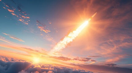 Obraz premium Spectacular rocket launch at dawn with a vibrant sky backdrop, capturing the moment of ascent and creating a sense of awe and adventure.