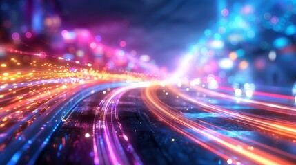 Vibrant neon light trails in motion creating a futuristic and dynamic abstract background with multicolored glowing lines.