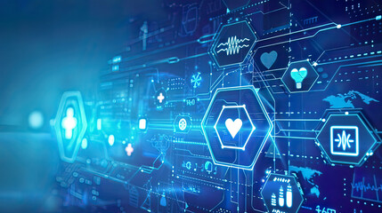 Obraz premium Cutting-edge healthcare technology display on a clean blue background with virtual health icons and innovative medical concepts high-tech integration diffuse lighting 