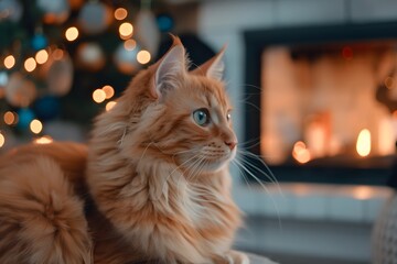 Fototapeta premium Majestic ginger cat relaxing by fireplace with glowing Christmas tree in background