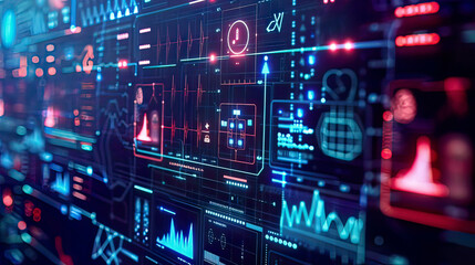 Digital healthcare technology screen with medical icons and innovation medicine concepts symbolizing integrated modern healthcare sleek and futuristic gentle lighting 
