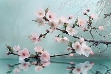 Cherry blossom branch reflecting on calm water, capturing spring and tranquility