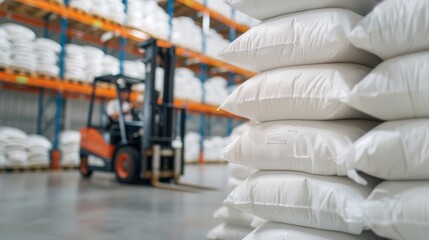 Forklift handling sugar bags in a busy warehouse, meticulously stacking the bags, detailed textures, dynamic and industrial setting
