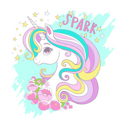 Obraz premium Greeting card with cute unicorn with flowers and lettering vector