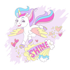 Greeting card with cute cartoon unicorn and lettering vector