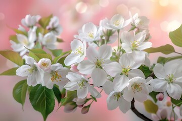 Obraz premium Delicate white apple blossoms in springtime against a dreamy pink background.