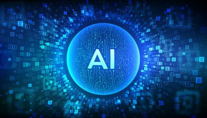 AI. Artificial intelligence. Abstract circuit board sphere with letters AI. Machine learning technology. Neural networks. Binary code background with digits 1.0. Binary Data Flow. Vector illustration.